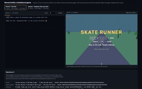 PrismML’s 59-second demonstration of a skateboard game created with Bonsai 2 and the Hermes agent. This is one recorded demo, not a general coding benchmark.