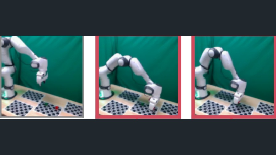Real-robot cube-stacking demonstration frames from SCRIM. The source frames show pre-grasp and alignment moments.