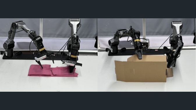 Physical robot arms manipulating cloth and a cardboard box in the UniW(A)M research setup.