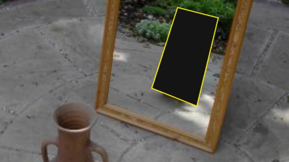 OccludeBench example: a masked mirror scene tests whether a model can infer an occluded object from physical clues. Masking is part of the original benchmark image.