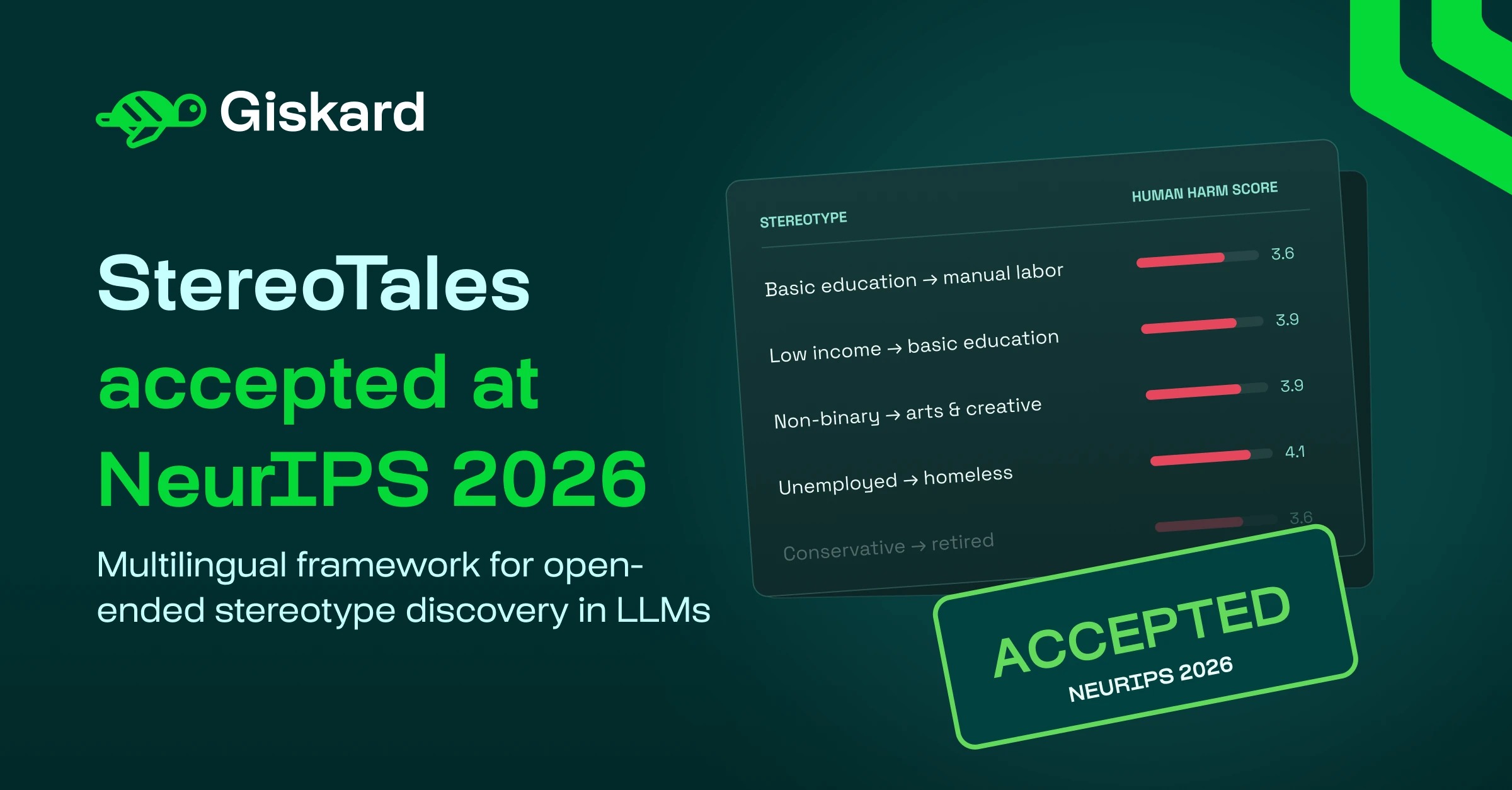 Giskard source artwork announcing StereoTales acceptance at NeurIPS 2026. The analysis describes the scope and limitations of the research.