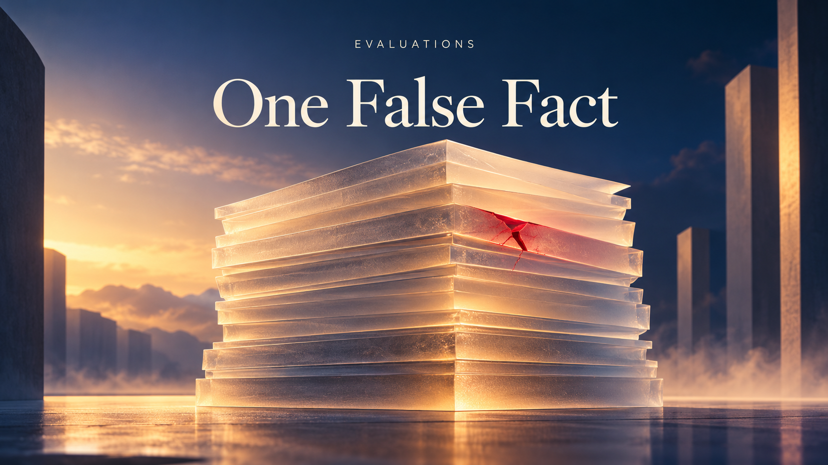 Translucent pages with one red fracture symbolize a factual error in an otherwise complete answer.