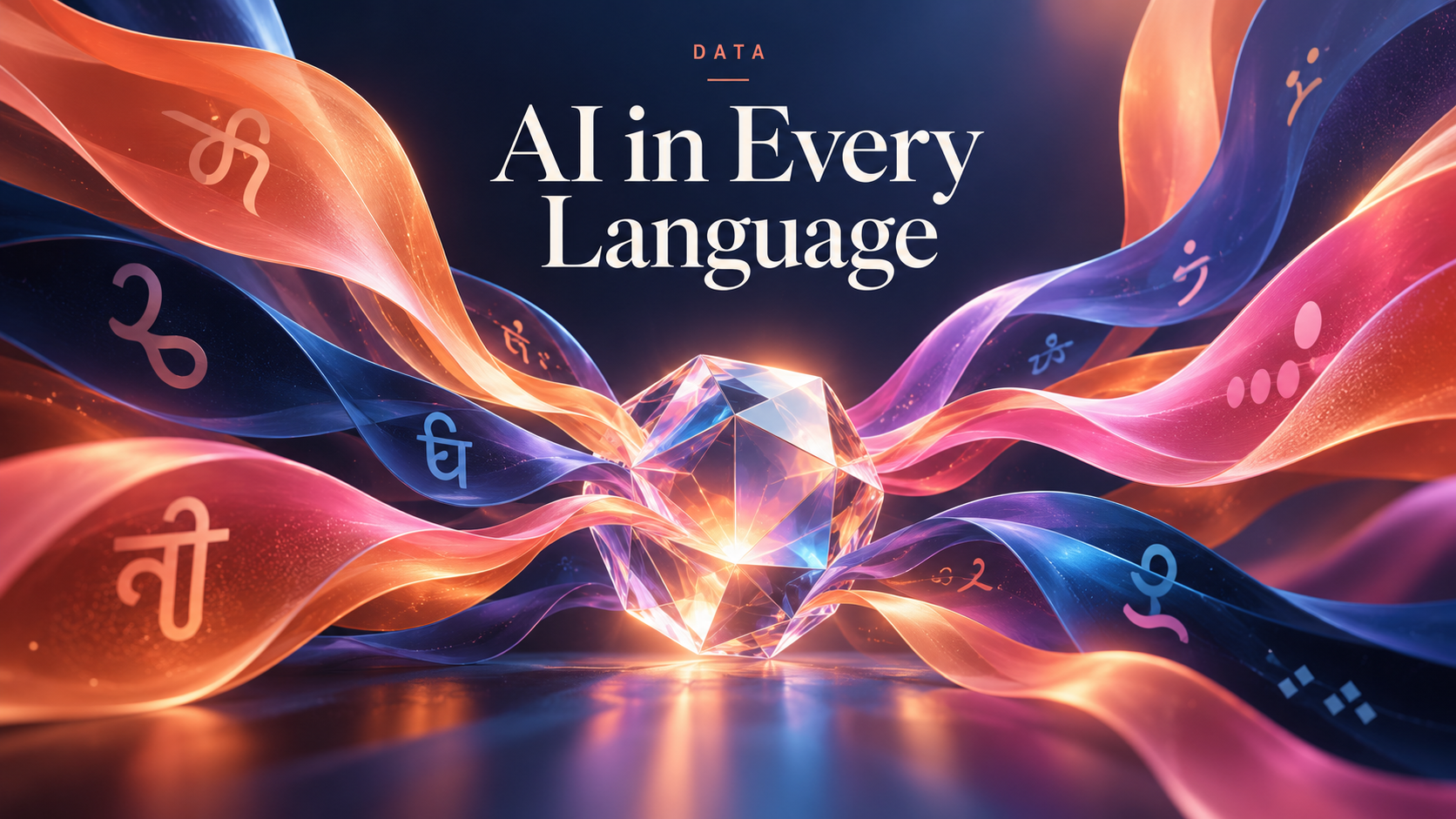 Colorful sculptural ribbons converge into a luminous prism, representing multilingual AI training data.